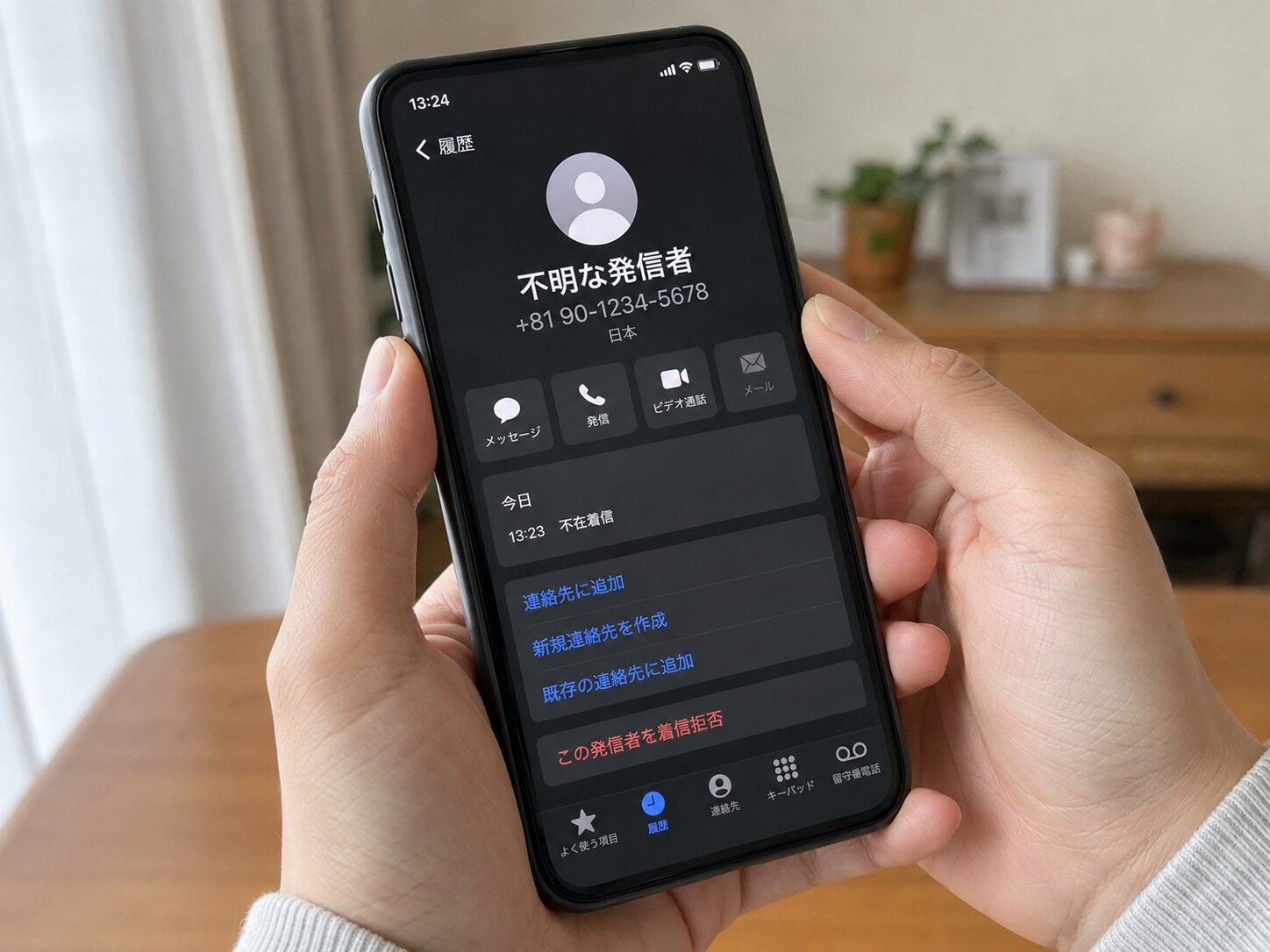 スマートフォンに+81から始まる知らない電話番号が着信し折り返さず番号を確認している手元の写真