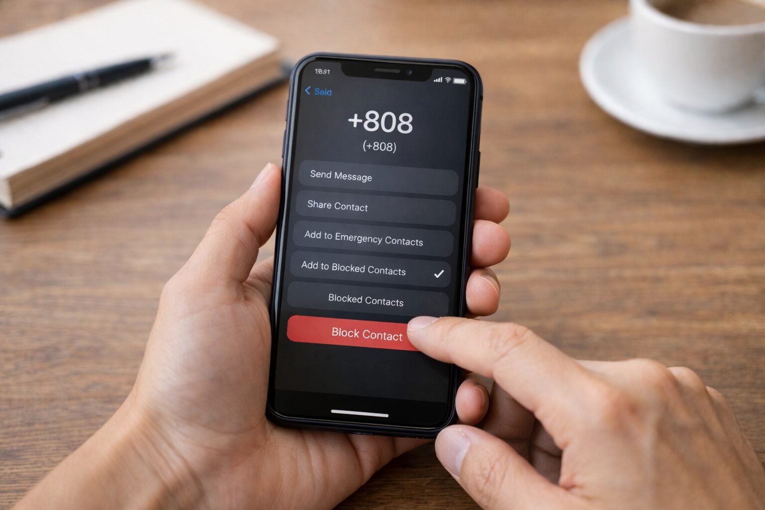 スマートフォンで不明な海外番号を着信拒否設定しているイメージ画像を配置。無料素材サイトで設定画面や番号ブロックの雰囲気が伝わる写真を使用。