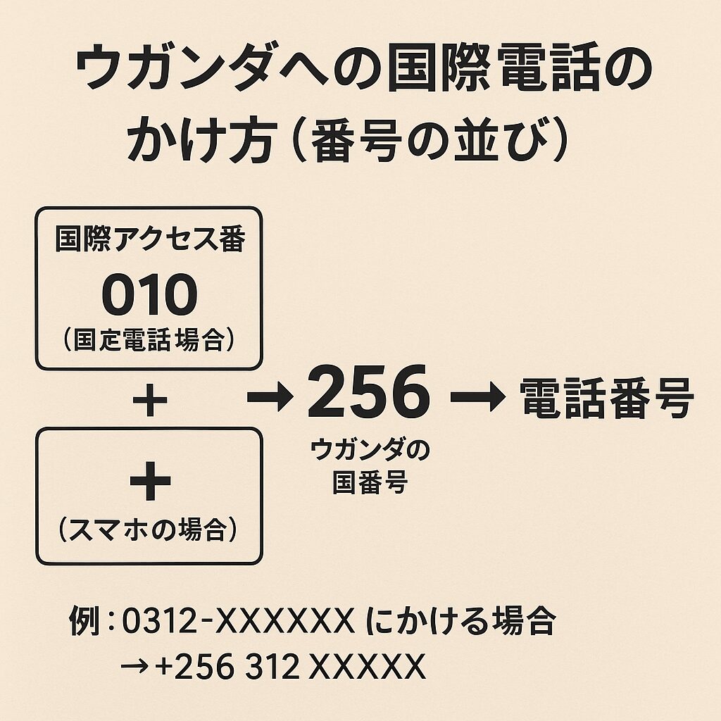 ウガンダへの国際電話の流れを示すイメージ画像。番号の並び方を説明した無料素材のイラスト。