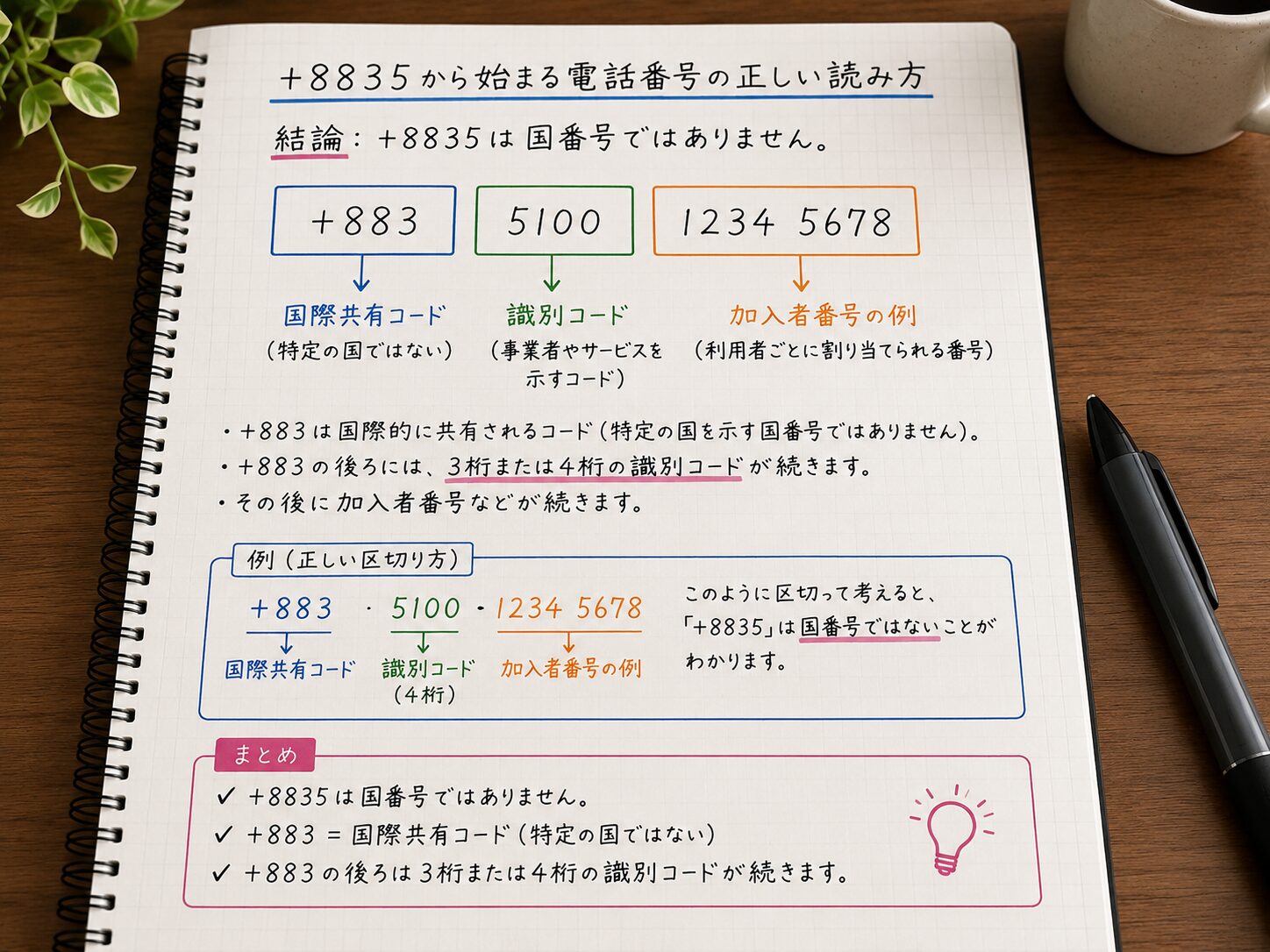 ノートに+883と識別コードを分けて整理し、国番号8835ではないことを確認している写真