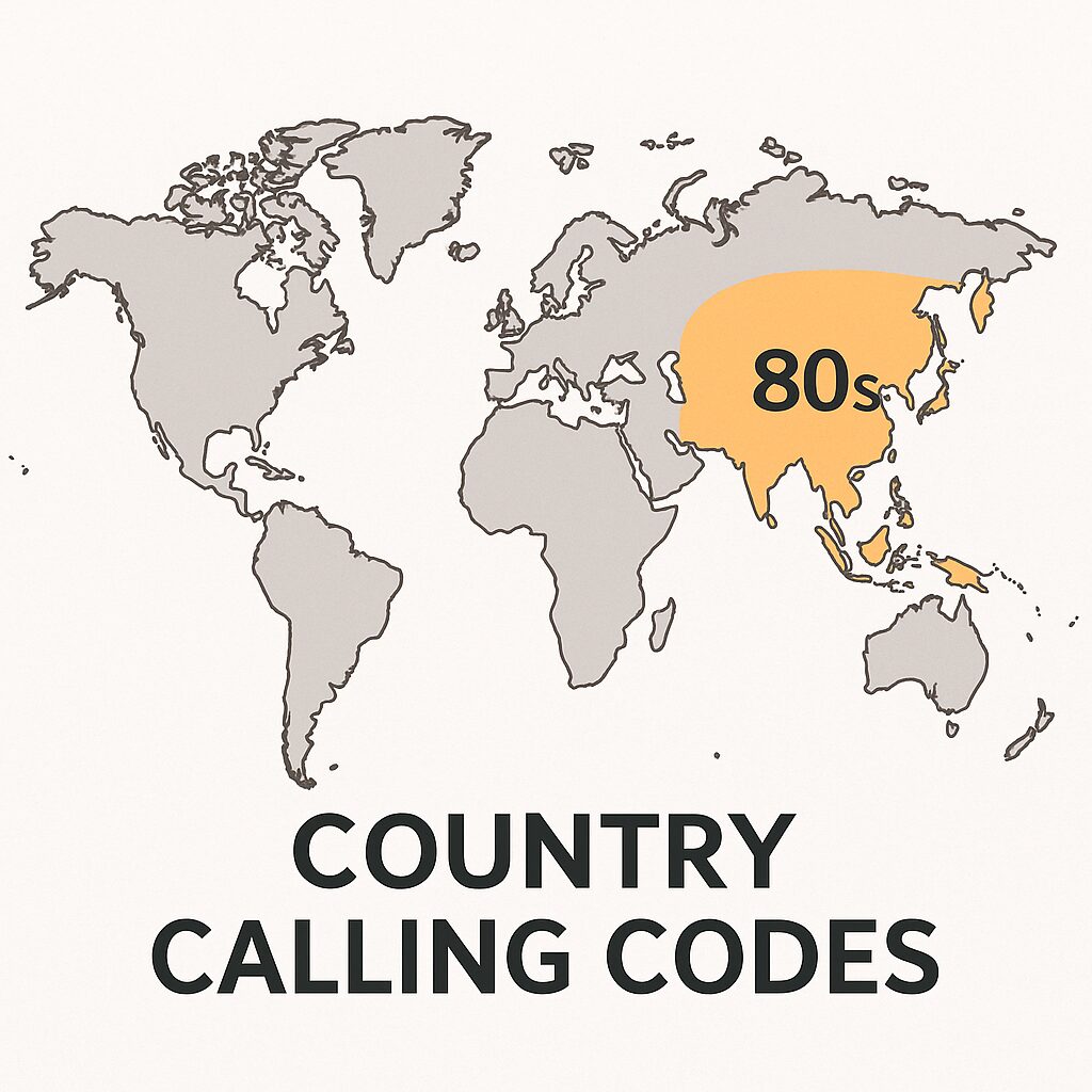 世界の国番号を示す地図風イラスト（80番台の範囲を強調）