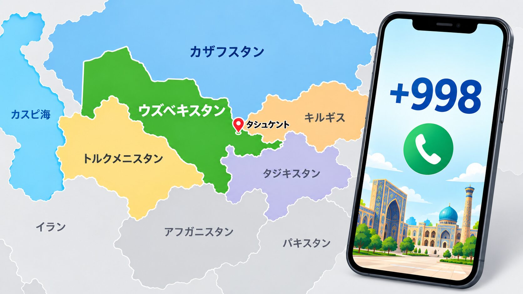 中央アジアの地図でウズベキスタンの位置と首都タシュケントが示され、スマートフォン画面に国番号+998が表示されている無料素材風の画像
