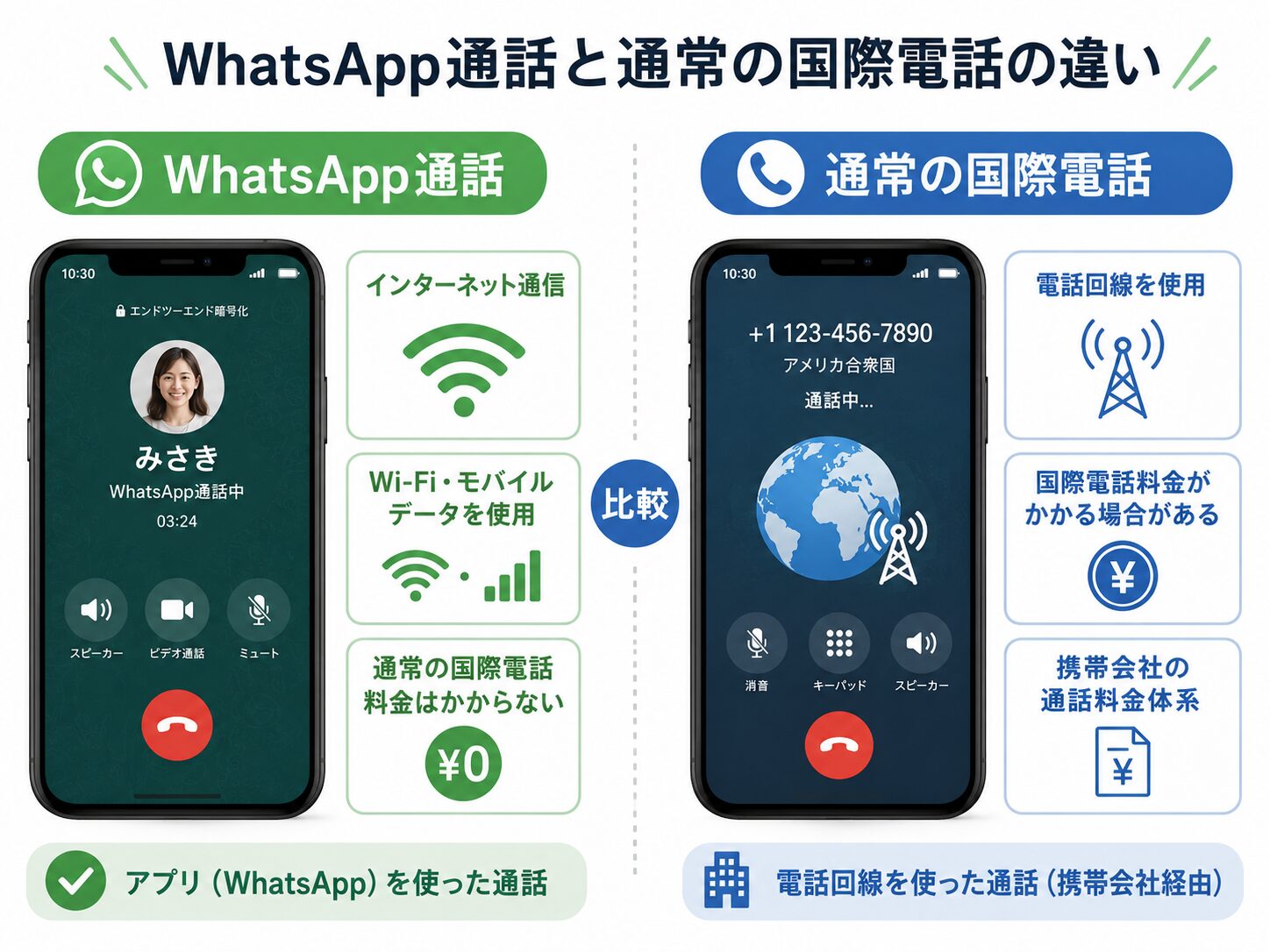 WhatsApp通話と通常の国際電話の違いをスマートフォンとWi-Fiアイコンで比較したイメージ