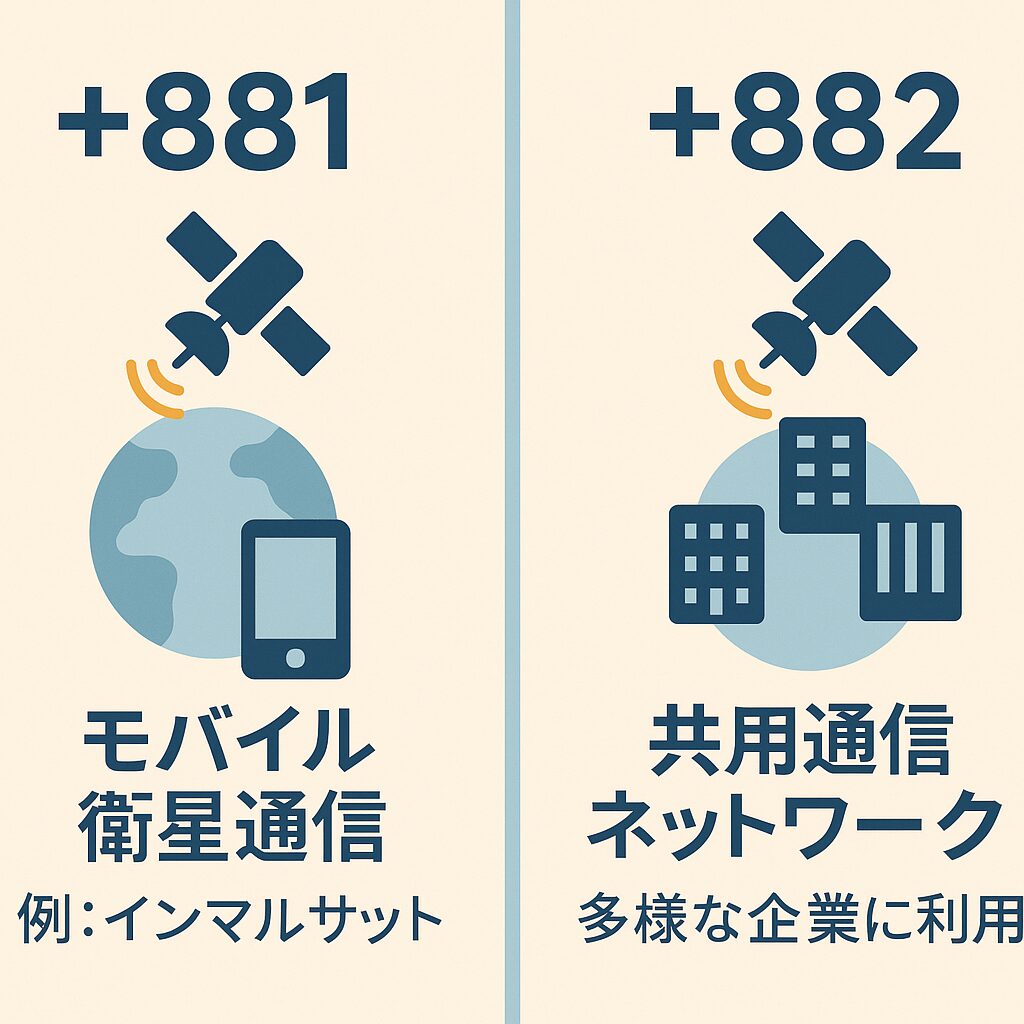 「+881」と「+882」の違いを示す図。モバイル衛星通信と共用通信ネットワークの違いを比較したフラットデザインのイラスト。