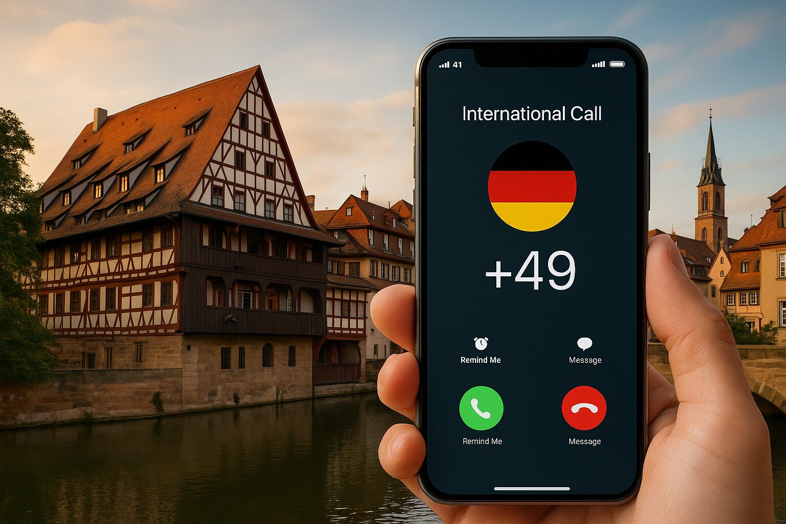 ドイツの街並みとスマホに表示された国際電話番号のイメージ画像（無料素材サイトで入手できるドイツの都市風景写真とスマホ画面の合成イメージ）