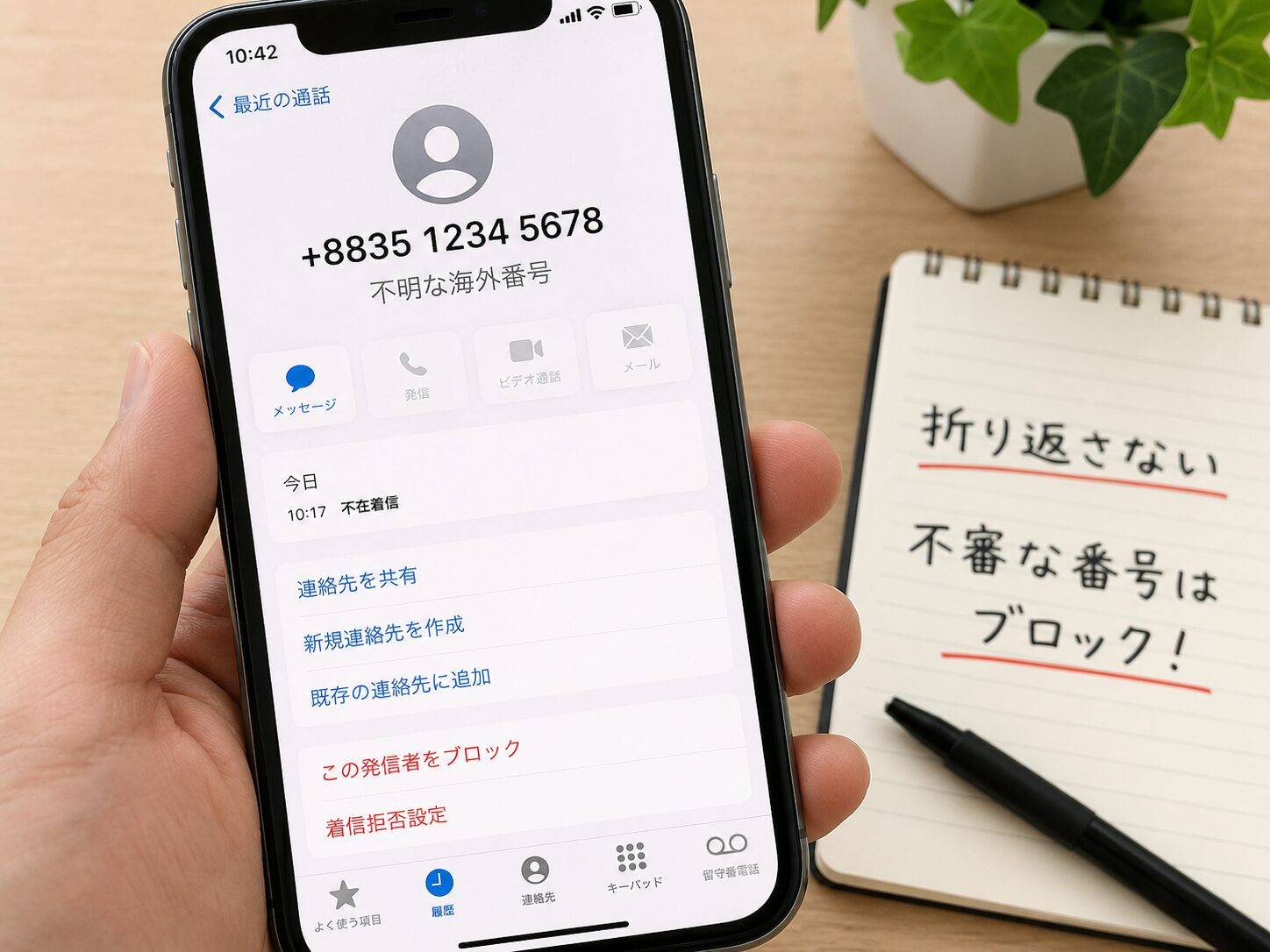 知らない+8835番号からの着信を折り返さずブロック設定を確認しているスマートフォンの写真