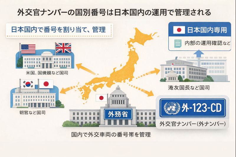 外交官ナンバーの国別番号は日本国内の運用で管理されることを示す図解
