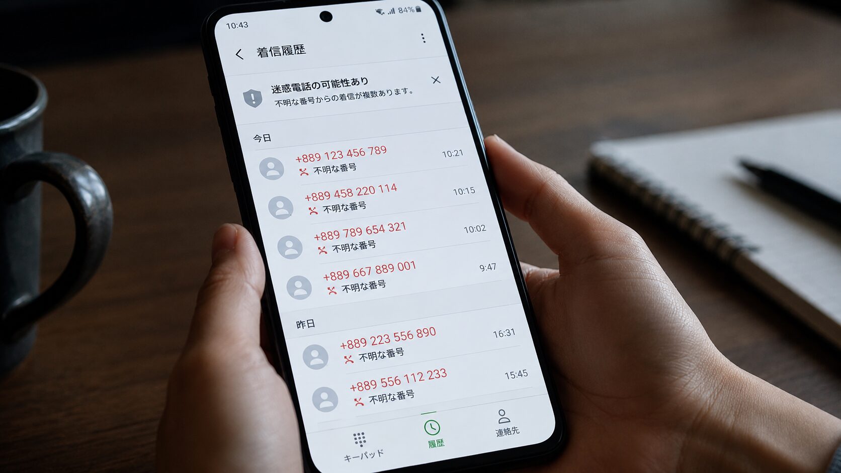 スマートフォンの着信履歴に+889から始まる不明な海外番号が表示されているイメージ写真