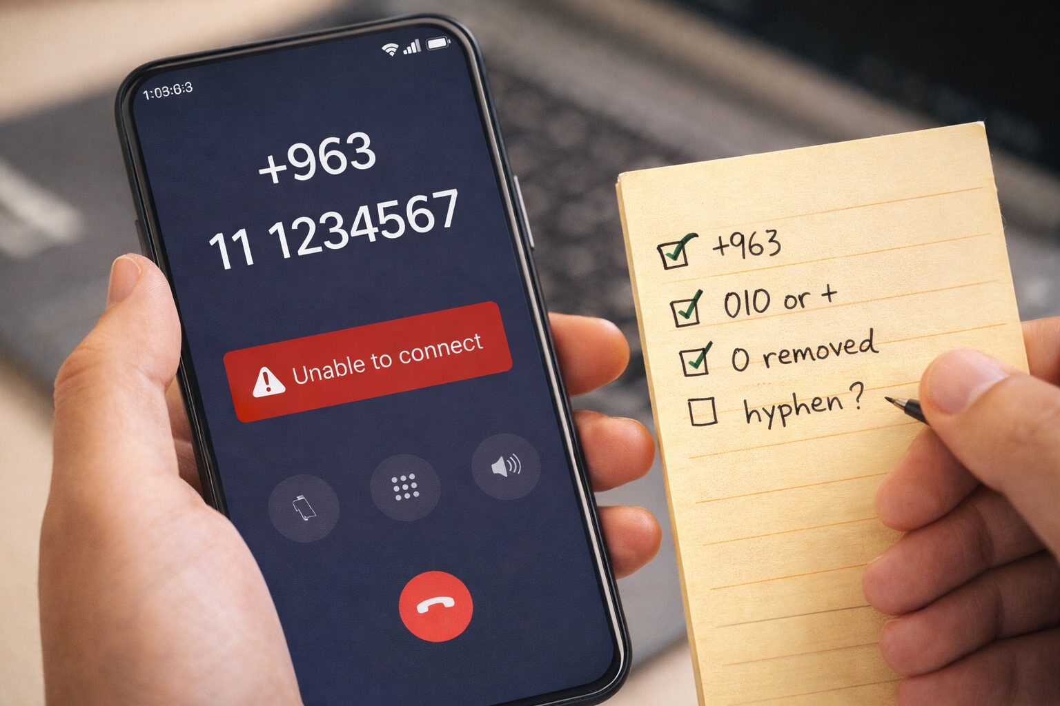 スマートフォンで国際電話をかけている様子。つながらない原因を確認しているイメージ写真