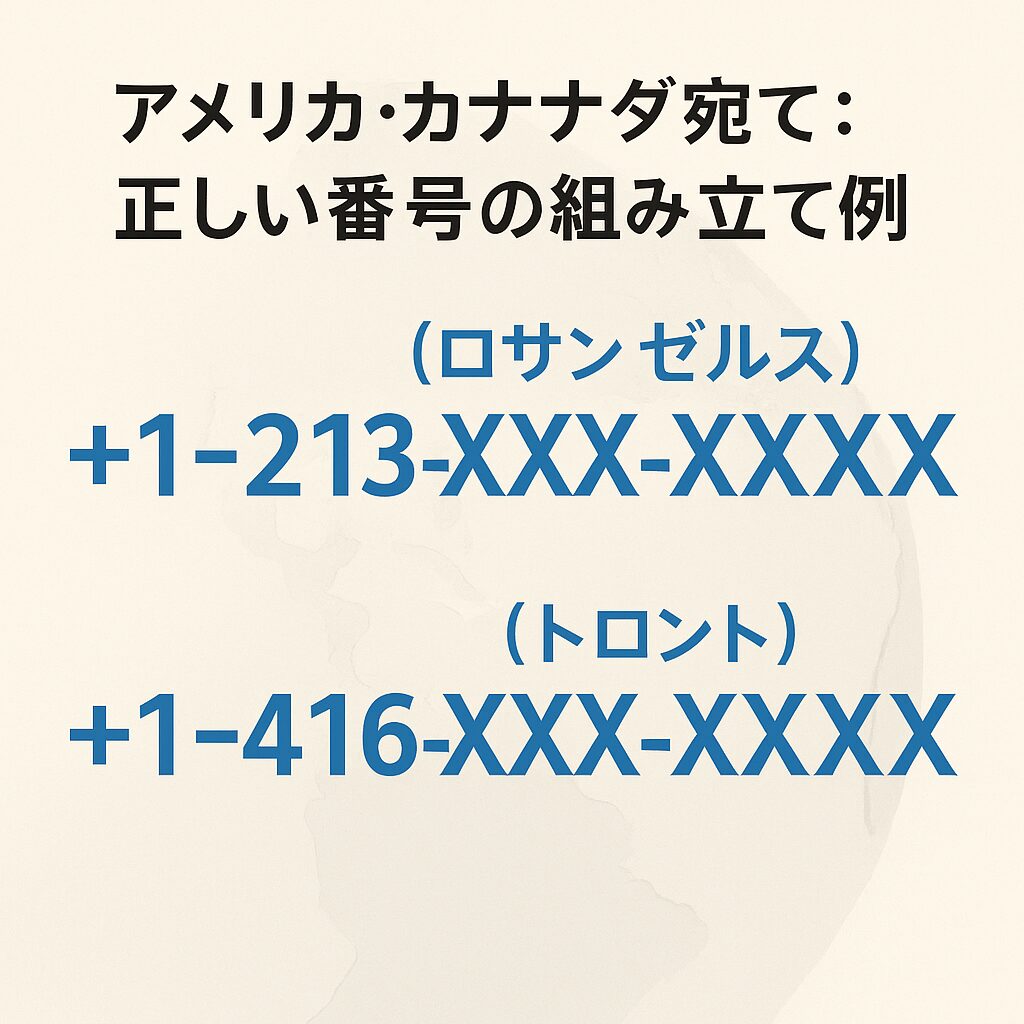 アメリカ・カナダへの国際電話の正しい番号の組み立て例（+1形式の入力図）