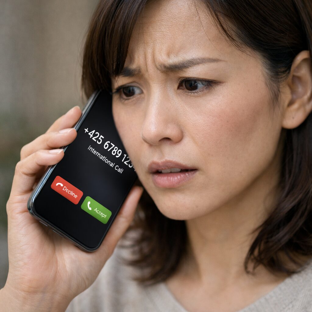 スマートフォンに海外番号の着信が表示され不安そうに確認している様子の写真（無料素材向け）