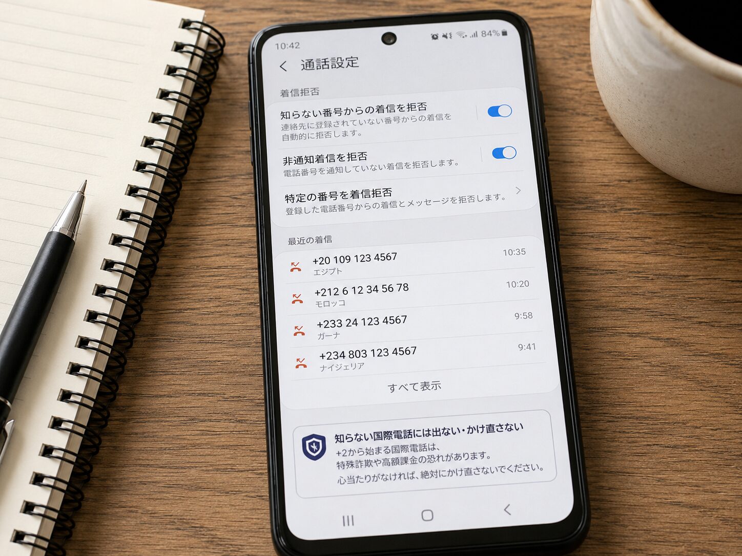 知らない+2から始まる国際電話を折り返さず着信拒否設定を確認しているスマートフォンの写真