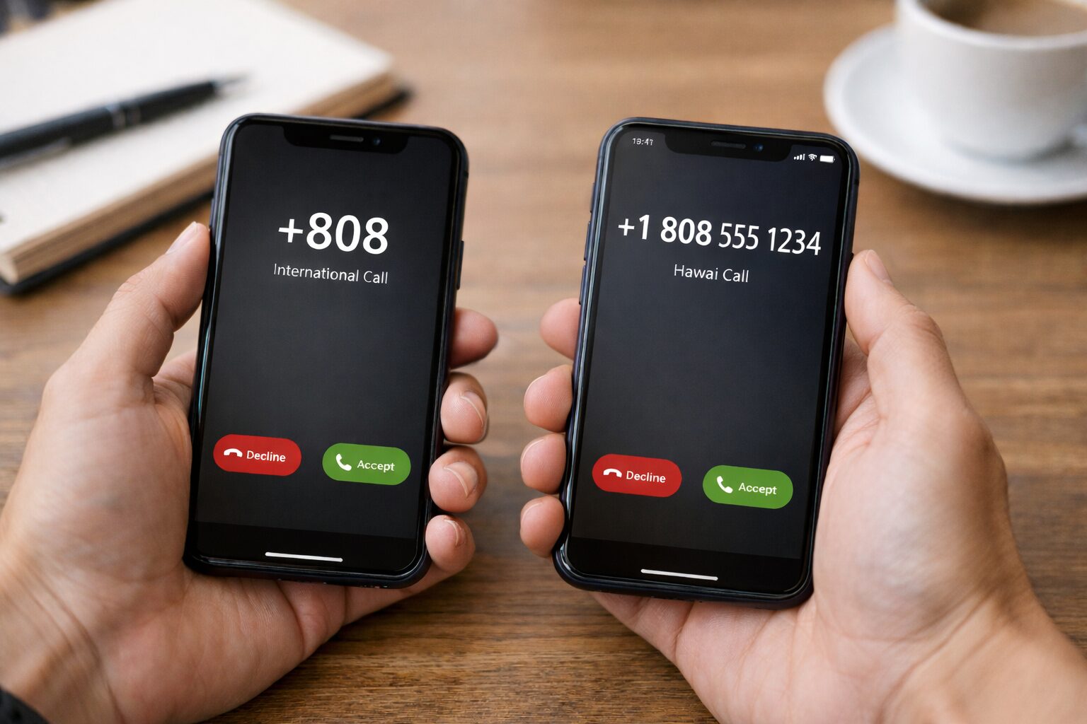 スマートフォンの着信画面に+808や+1 808の番号が表示されており、違いを確認しているイメージ画像を配置。無料素材サイトでスマホ画面と手元が自然に写る写真を使用。