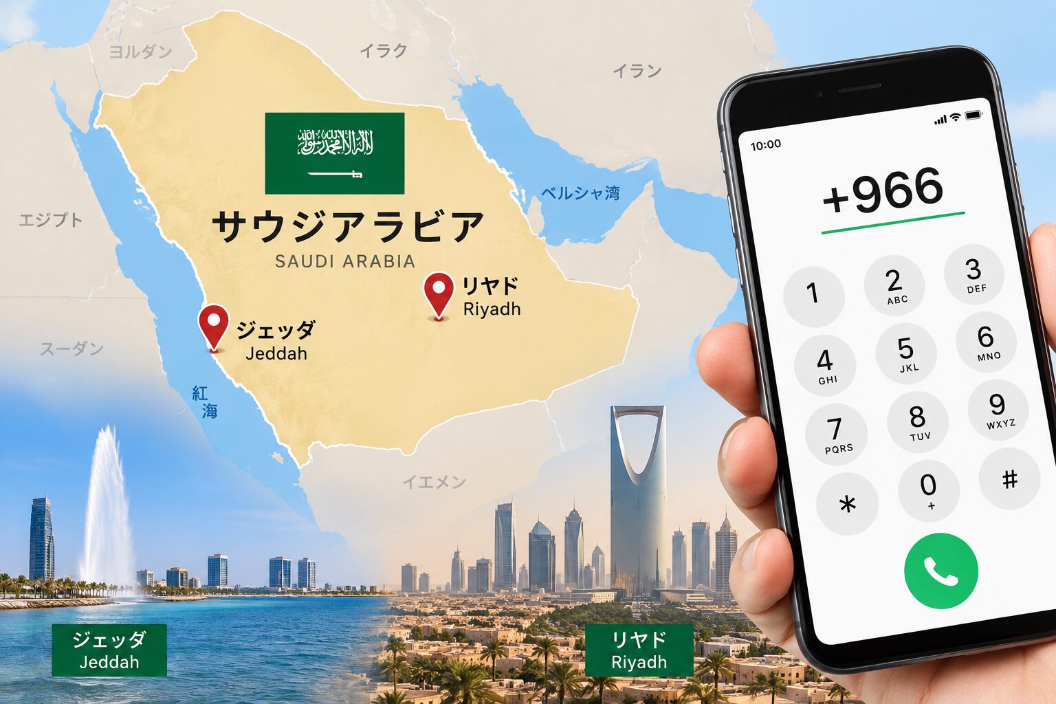 サウジアラビアの地図にリヤドとジェッダの位置が示され、スマートフォン画面に国番号+966が表示されている写真。国番号を説明する記事向けの無料素材