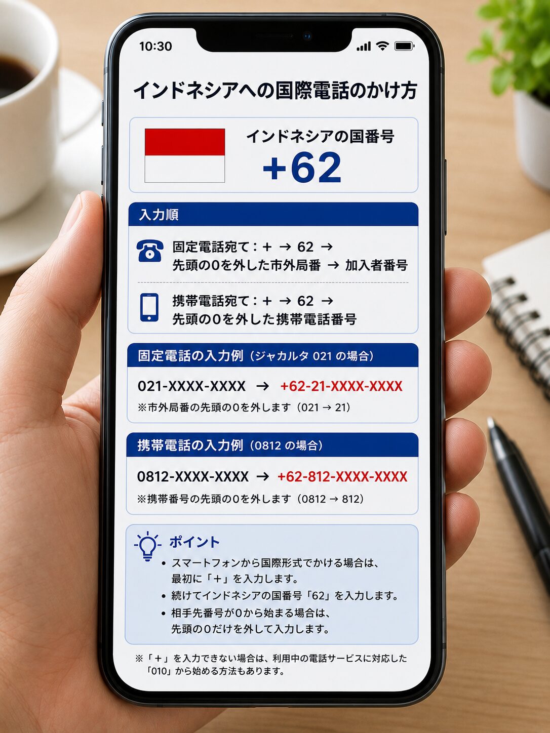 スマートフォンにインドネシアの国番号プラス62と日本からの国際電話の入力順を表示している写真