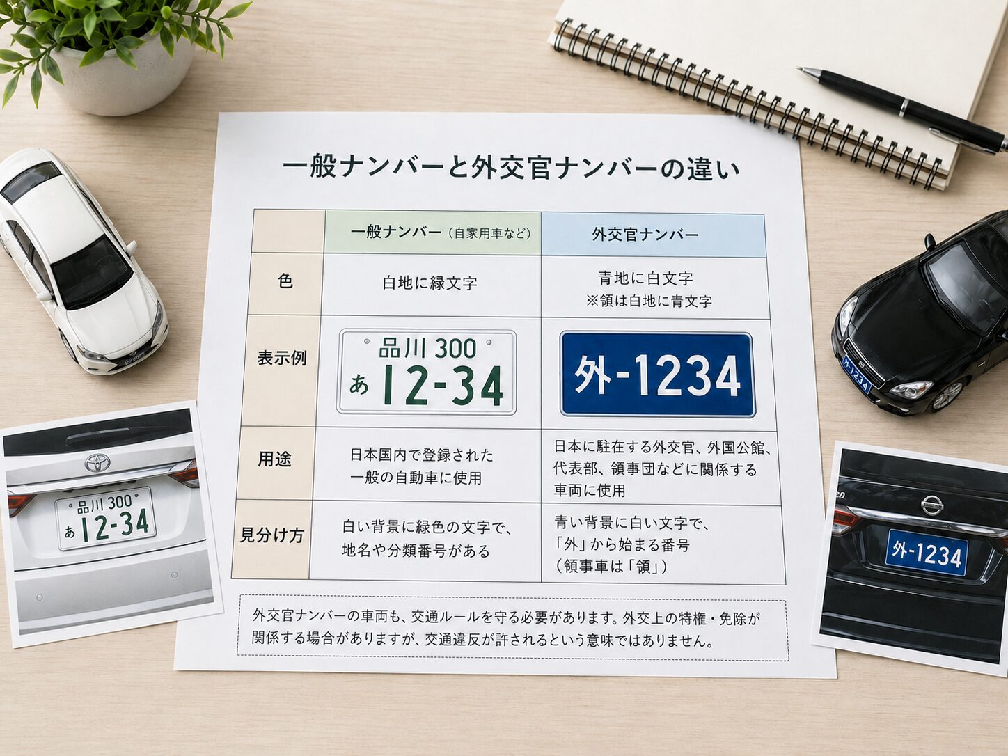 一般ナンバーと外交官ナンバーの違いを比較する資料と車のイメージ写真