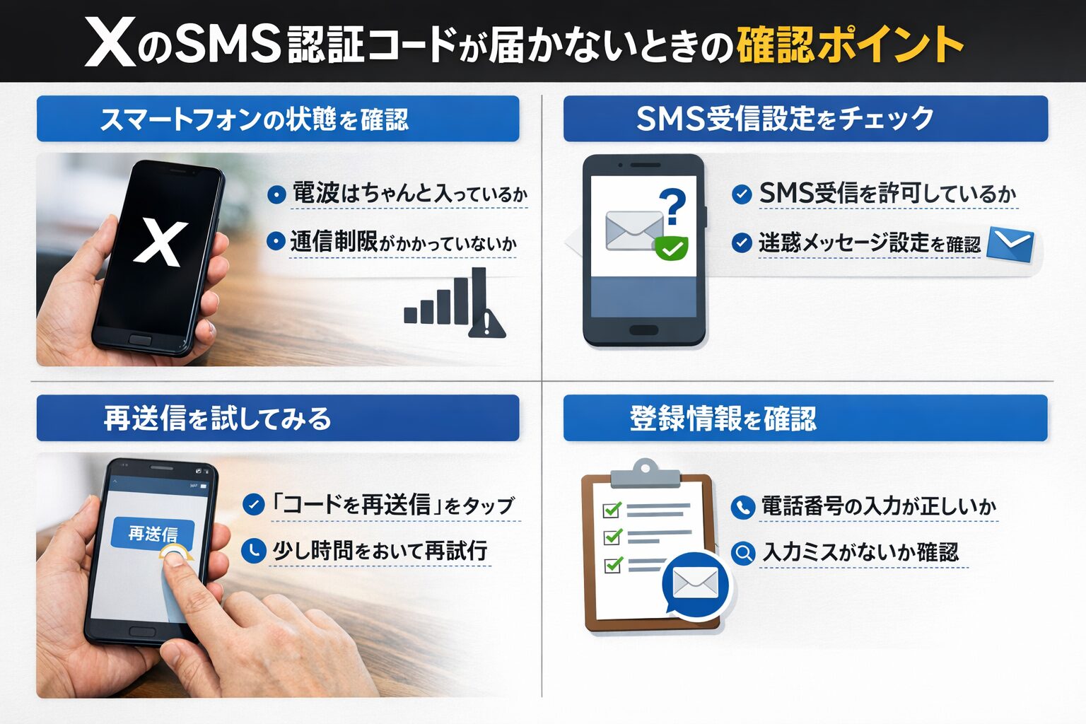 XのSMS認証コードが届かないときに確認したいポイントをまとめたイメージ画像。スマートフォン、電波表示、SMS受信設定、再送確認などが分かる写真や図
