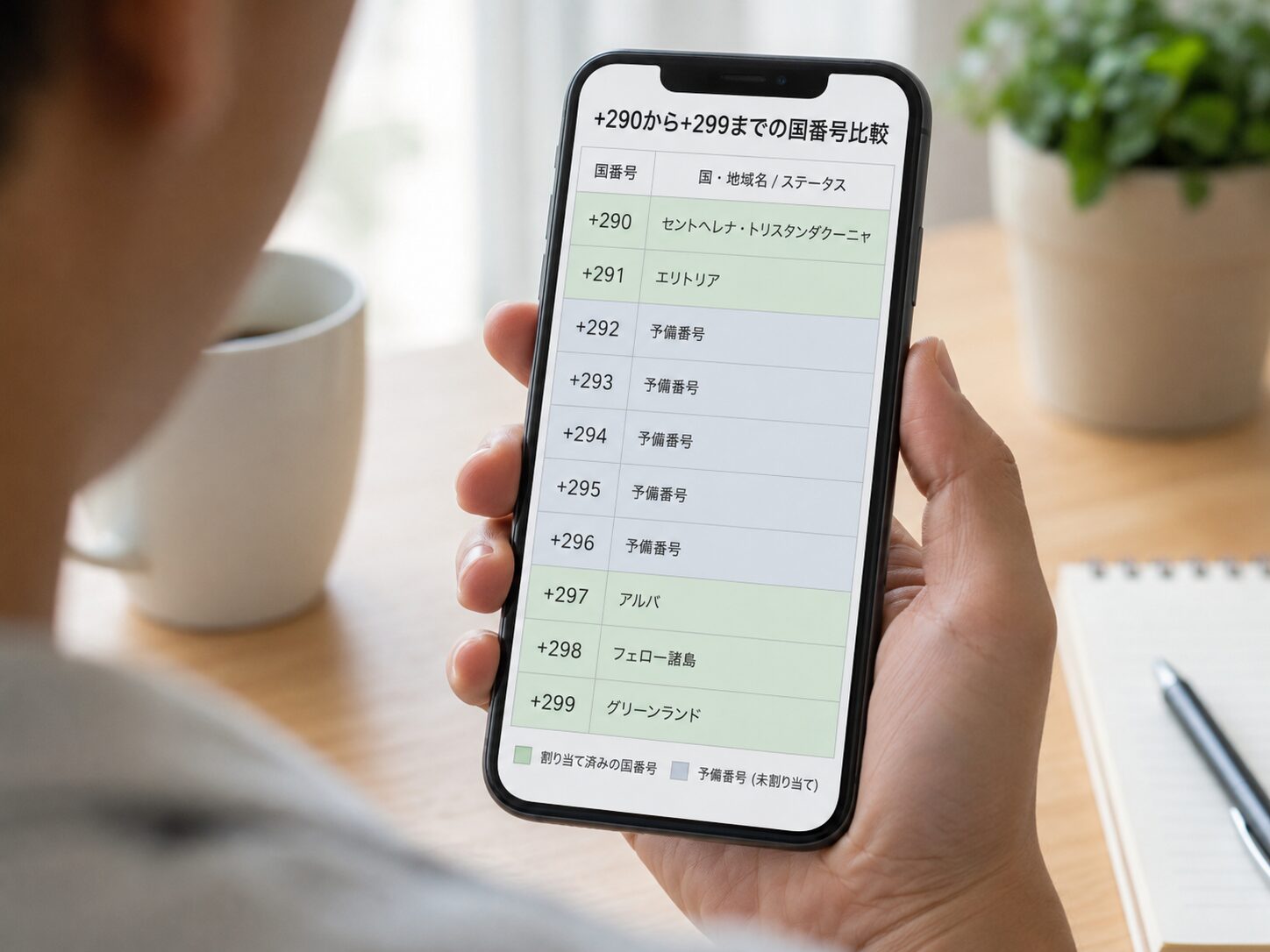 +290から+299までの国番号と予備番号の違いをスマートフォン画面で比較している写真
