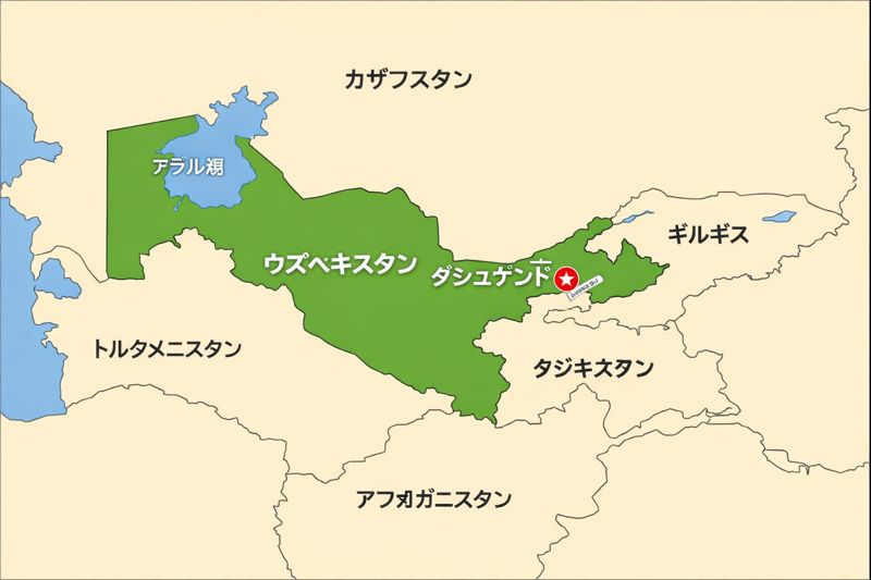 無料素材の地図で、中央アジアの中のウズベキスタンの位置と首都タシュケントが分かる画像（ウズベキスタン全体が示されているもの）