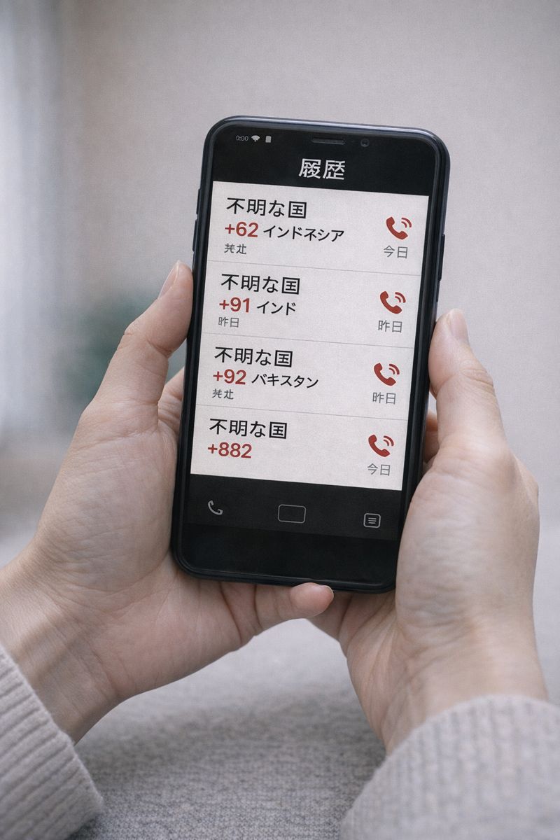 スマートフォンに表示された国際電話の着信履歴を確認して困惑している様子のイメージ画像