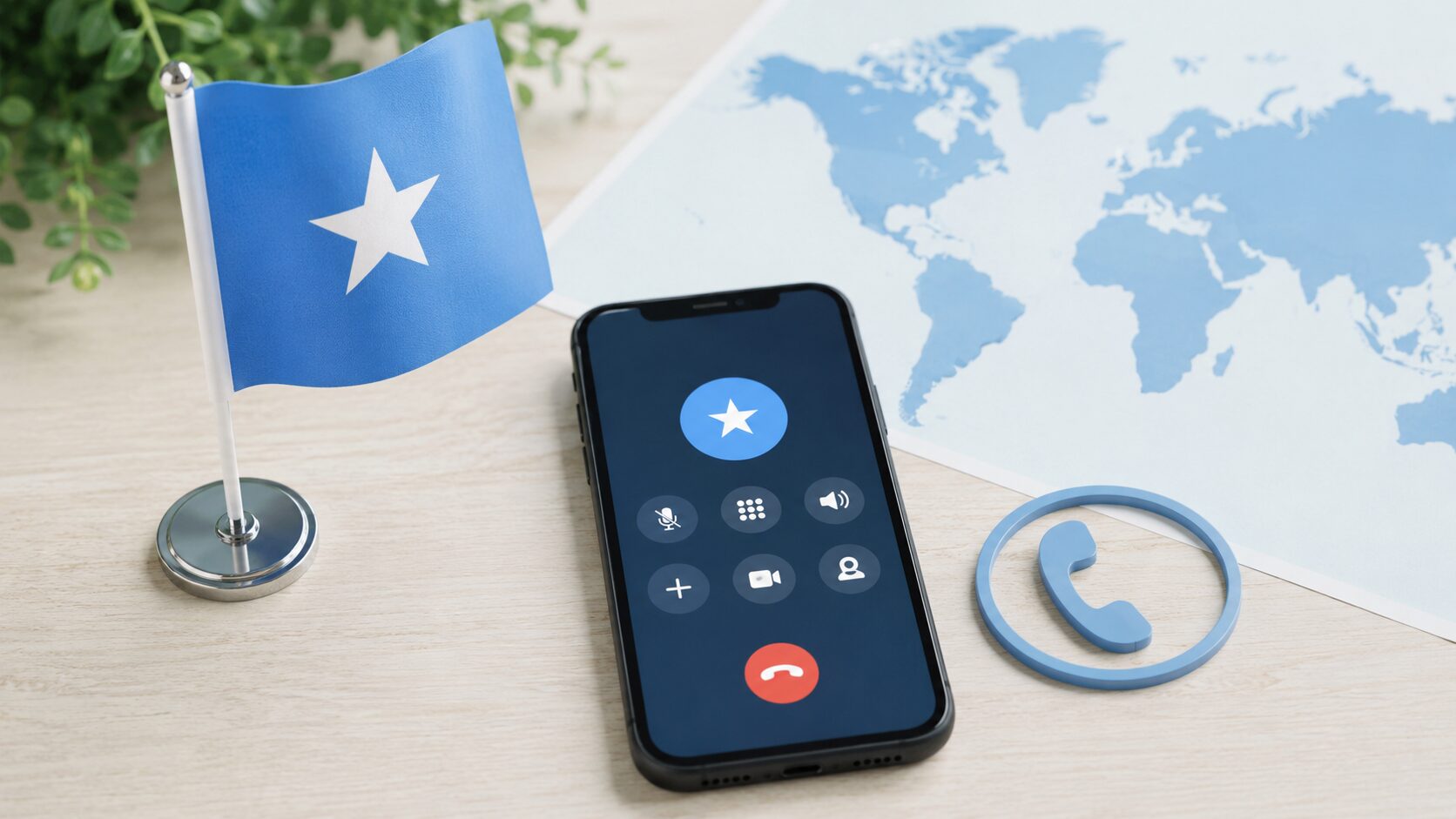 ソマリアの国旗とスマートフォンの通話画面を並べた国際電話のイメージ。無料写真素材で、スマホ、世界地図、ソマリア国旗、電話アイコンが自然に写った画像を使用する