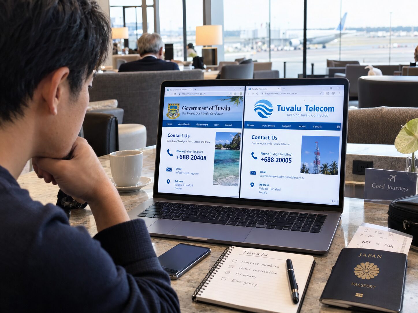 ツバル政府とTuvalu Telecomの公式サイトに掲載された+688 20408や+688 20005などの5桁固定電話番号をノートパソコンで確認している旅行者の写真