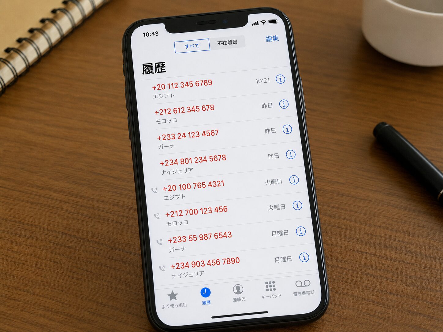 スマートフォンの着信履歴に+20や+212など+2から始まる国際番号が表示されているイメージ写真