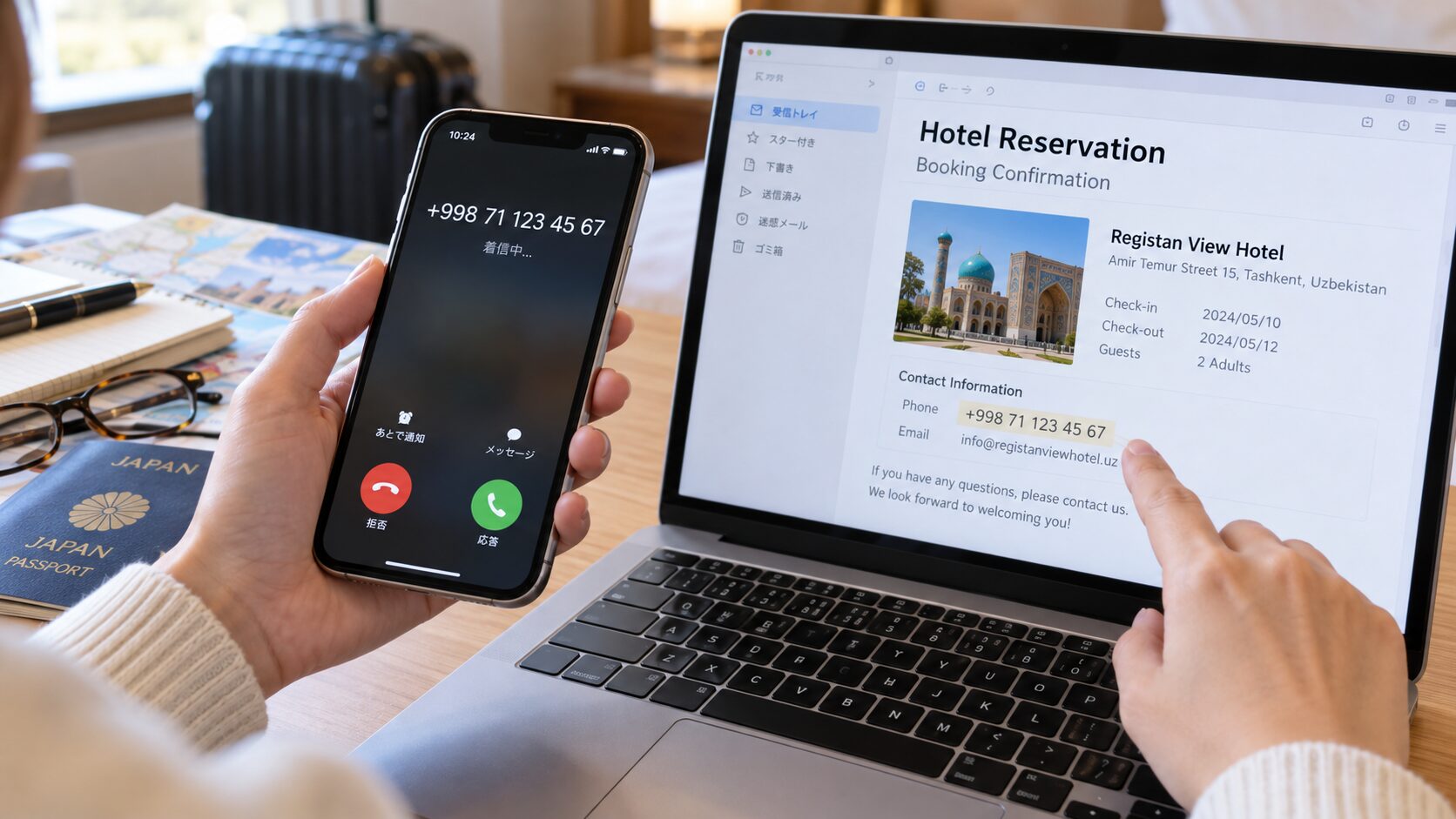 スマートフォンに+998から始まる国際電話の着信が表示され、利用者がウズベキスタンのホテル予約メールと電話番号を照合している写真風の無料素材