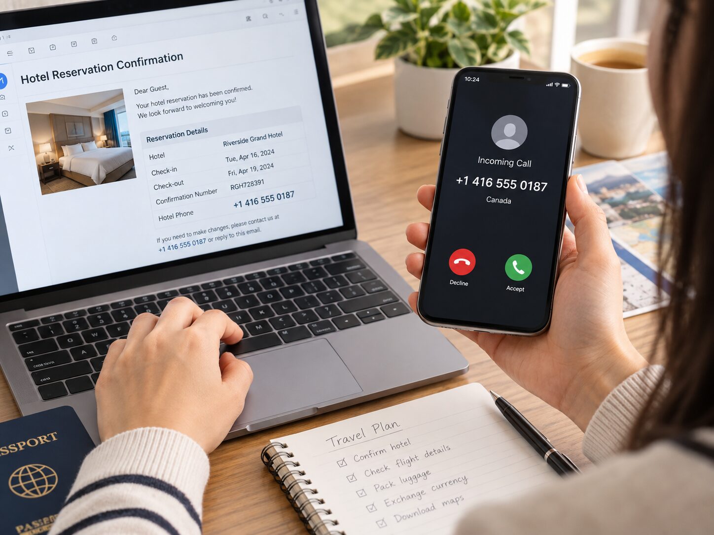 スマートフォンに+1から始まる国際電話着信が表示され、利用者がホテルの予約確認メールと電話番号を照合している写真。アメリカやカナダからの不審着信対策を説明する無料素材