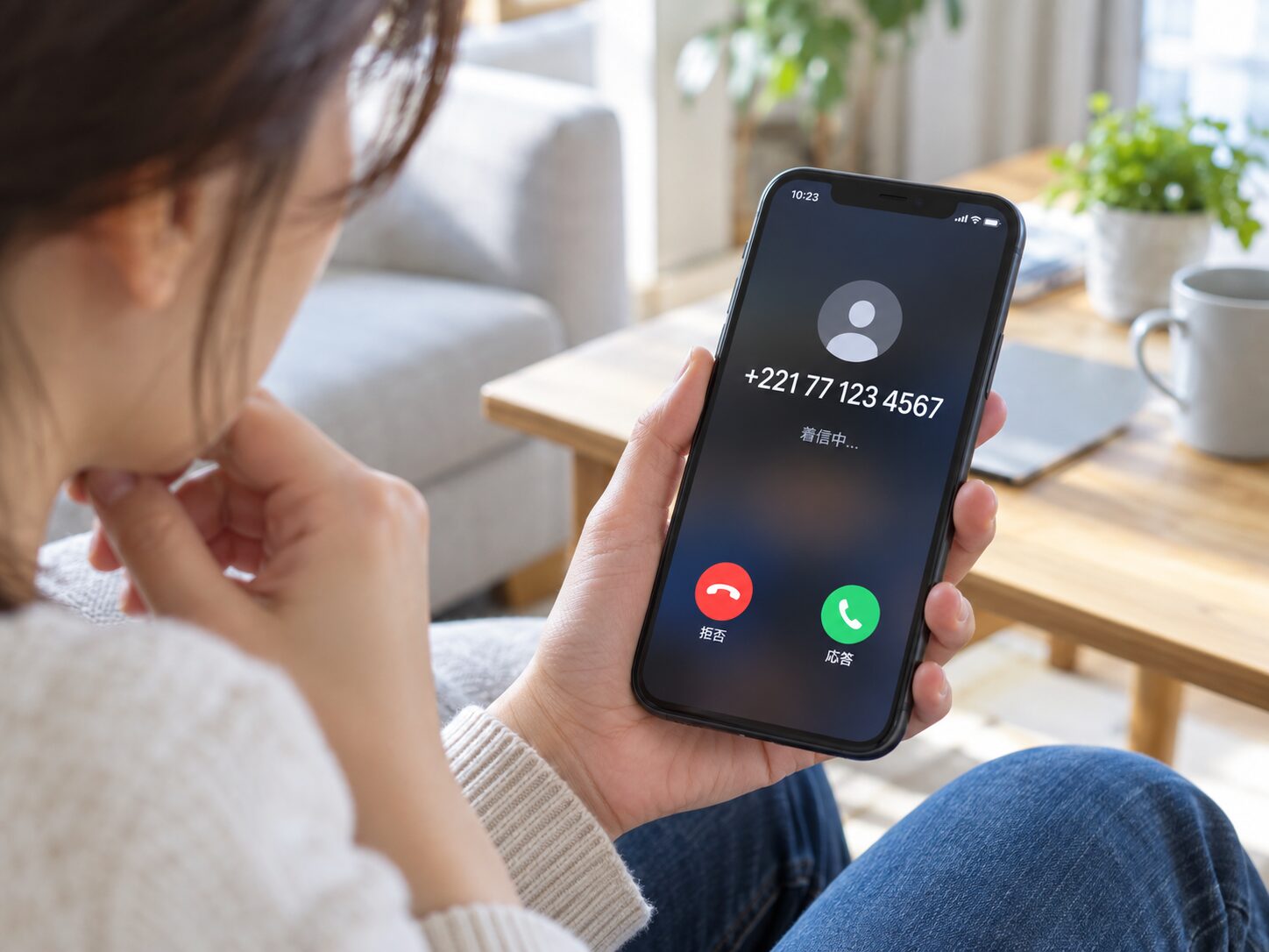 スマートフォンに+221から始まる国際電話の着信が表示され、利用者が番号を確認している写真。迷惑電話対策の記事に合う無料素材