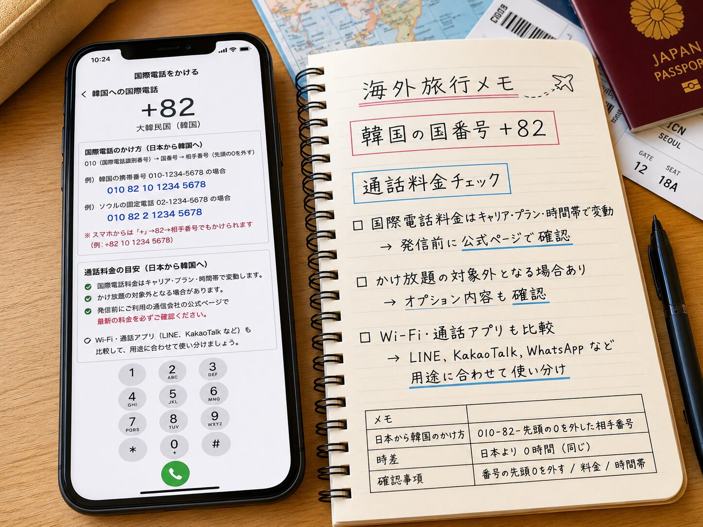 韓国の国番号+82と通話料金を旅行メモで確認しているスマートフォンとノートの写真