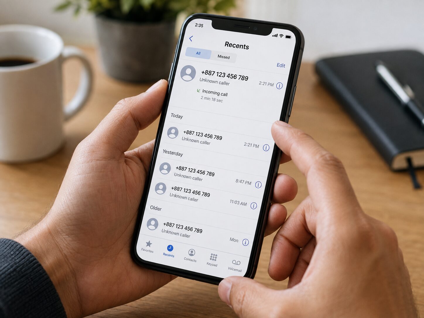 スマートフォンに+887から始まる見知らぬ国際番号が表示され、番号の桁数や着信履歴を確認している手元の写真