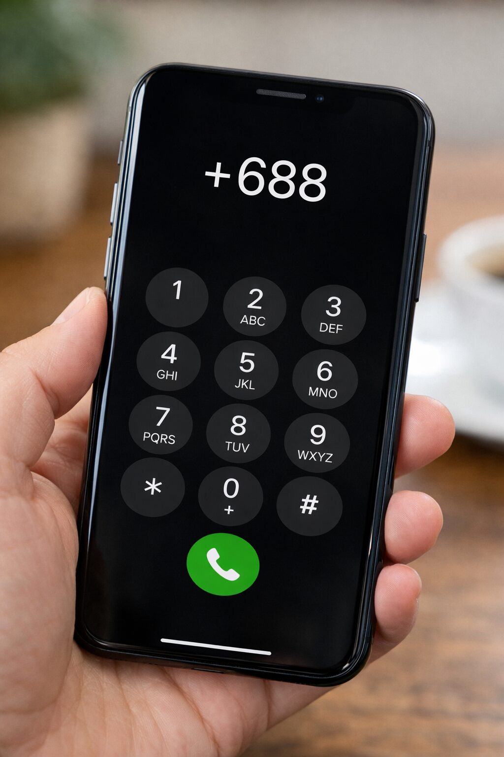 スマホのダイヤル画面に+688を入力しているイメージ写真（無料素材）。画面には+688と数字だけが並び、ハイフンが入っていない状態が分かる画像が望ましい。