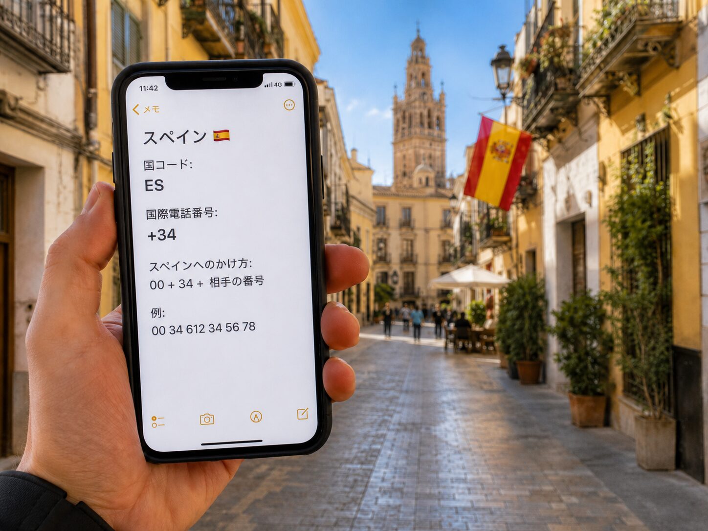 スペインの街並みとスマートフォンを見ながら国コードESと電話番号+34を確認しているイメージ