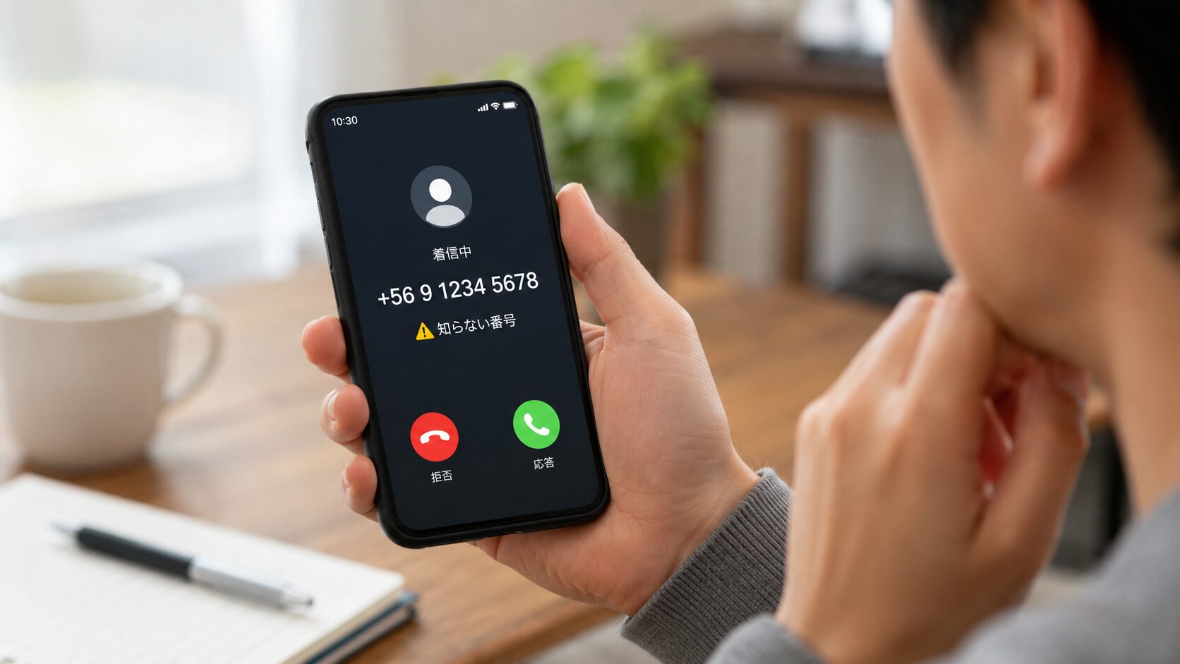 スマートフォンに+56から着信があり、知らない国際電話への折り返しに注意しているイメージ画像