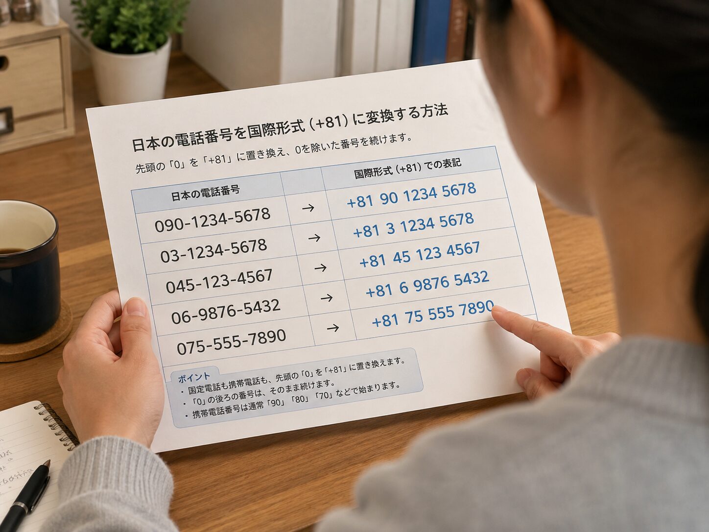日本の090や03や045の電話番号を+81形式へ変換する早見表を確認している写真