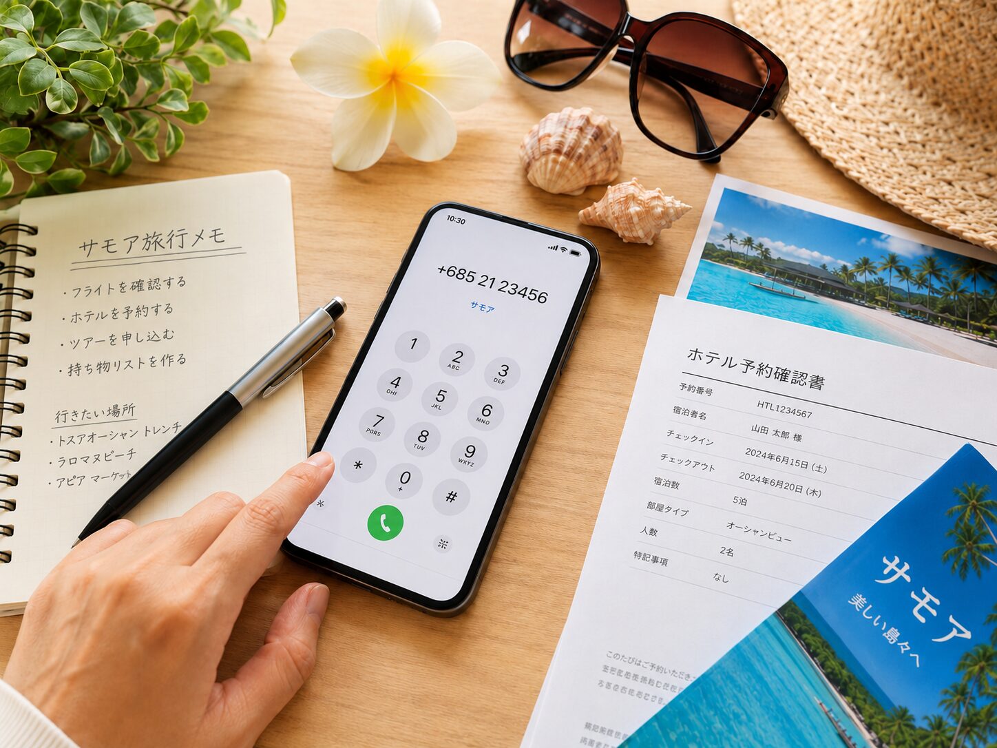スマートフォンの画面に+685から始まる電話番号が表示され、横にサモア旅行のメモ、ホテル予約書類、南国の海を連想させる小物が置かれている国際電話のイメージ。無料写真素材で、スマホ、旅行メモ、国際電話番号が分かる画像を使用する