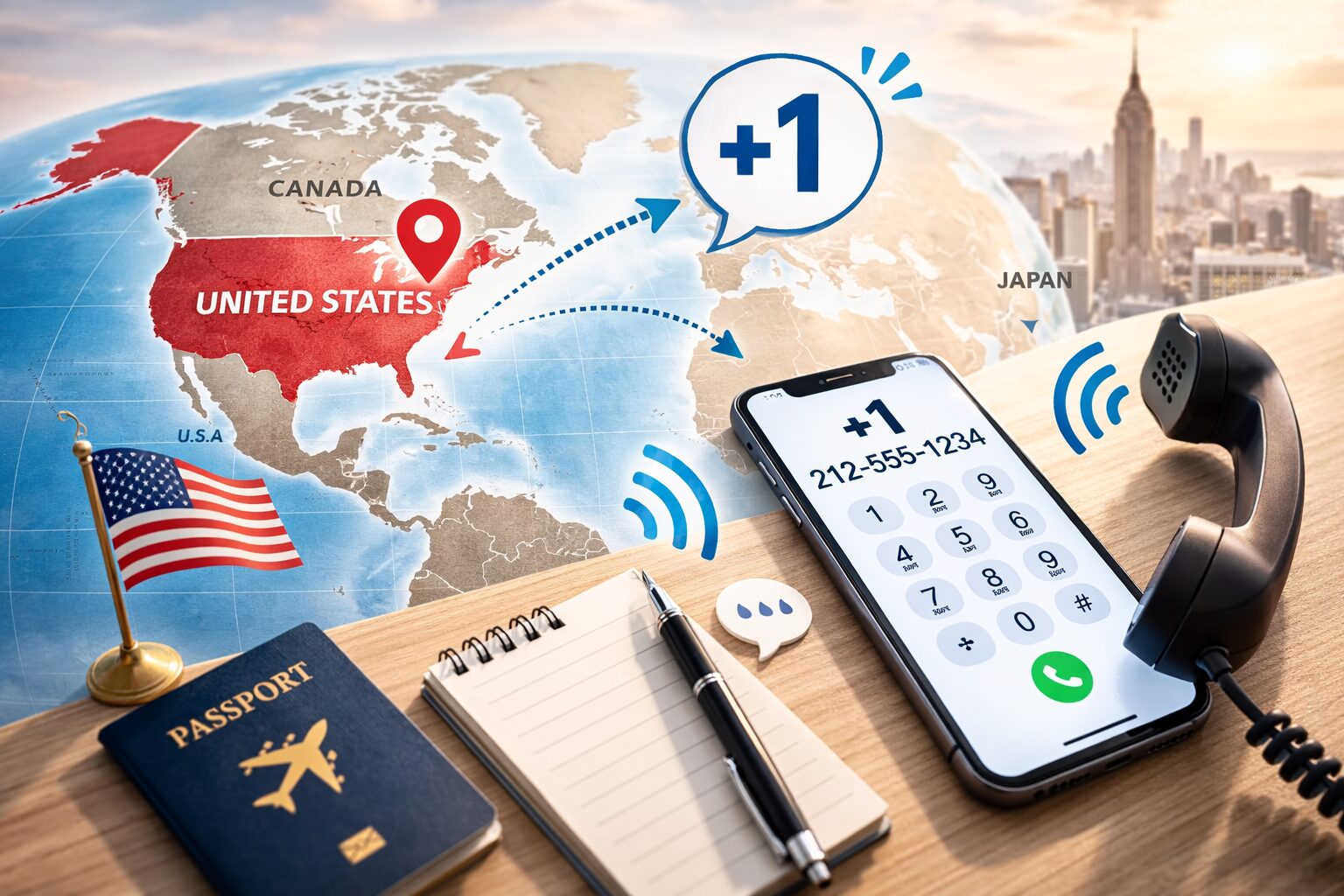 無料素材向け：アメリカの地図と電話アイコンのイメージ。国番号1の解説記事のアイキャッチに使える写真素材の指示（世界地図の一部にアメリカが分かるようマーキング＋受話器やスマホが写っている）