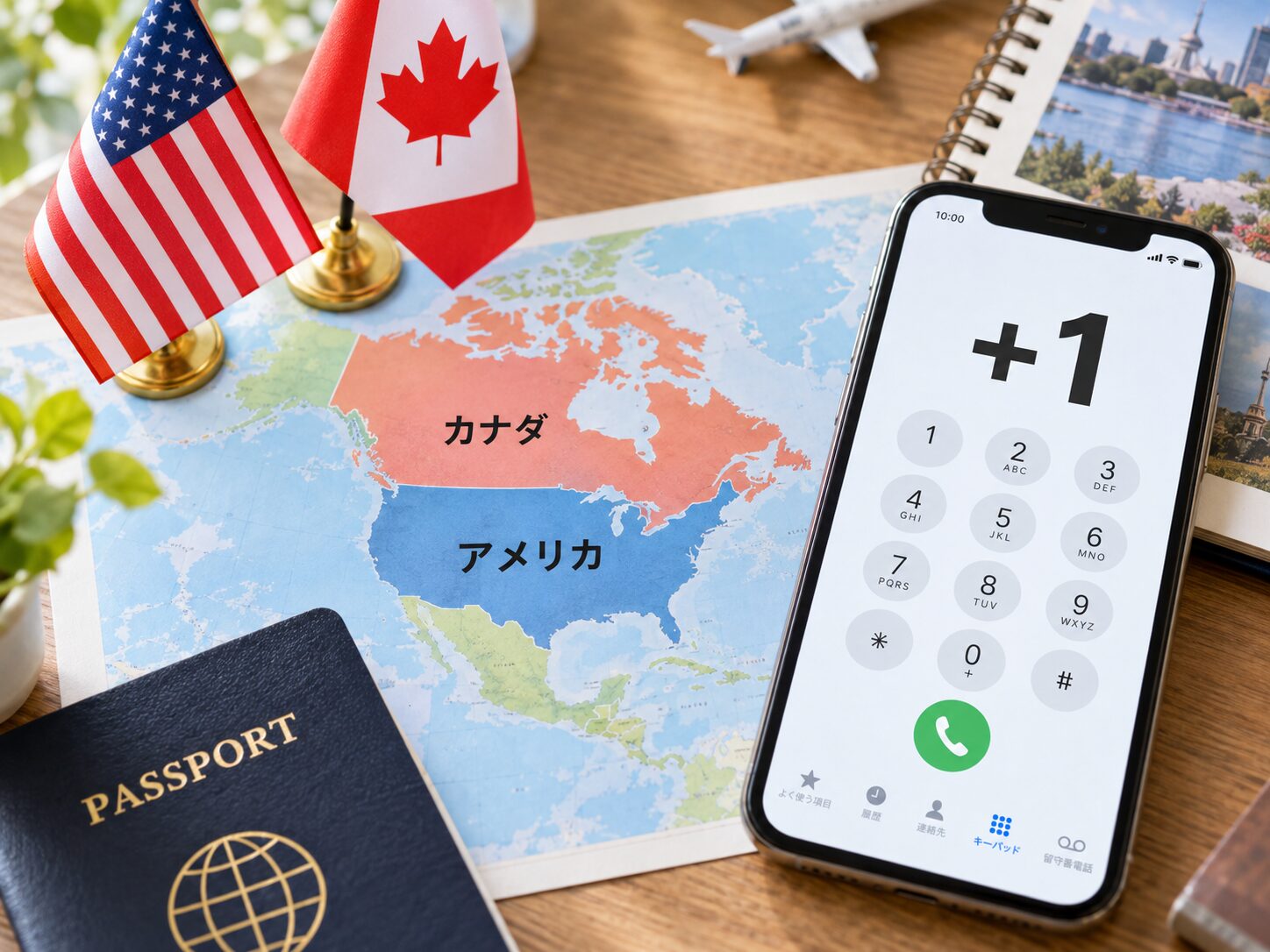 アメリカとカナダの地図と国旗、スマートフォンに国番号+1が表示されている写真。アメリカとカナダが同じ国番号を利用していることを説明する無料素材