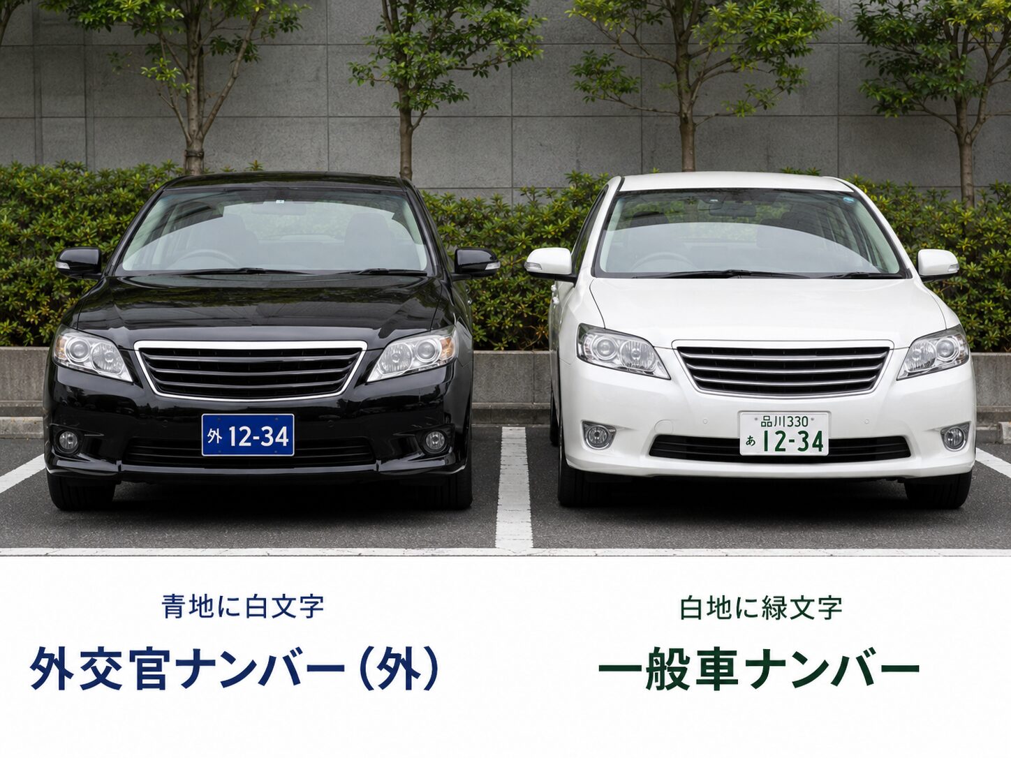 青地に白文字の外交官ナンバーと一般車ナンバーを比較しているイメージ写真