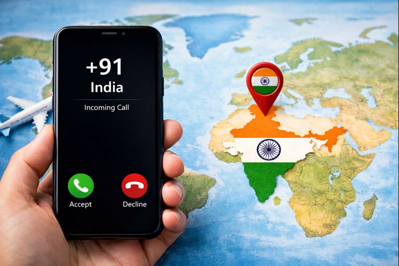 インドからの国際電話をイメージしたスマートフォンと地図の無料イメージ画像