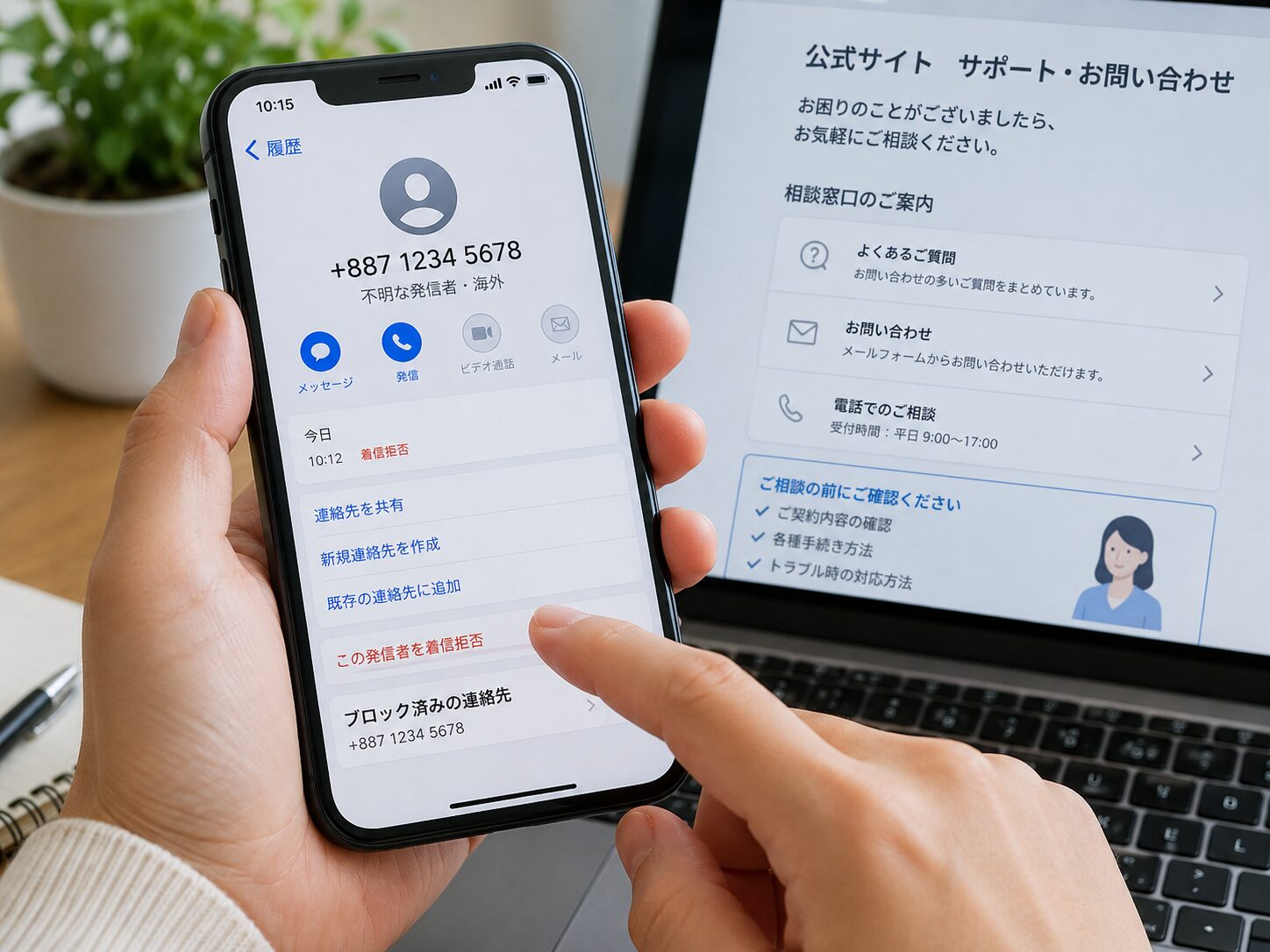 +887など見知らぬ国際番号を着信拒否し、公式サイトから相談窓口を確認しているスマートフォンの写真