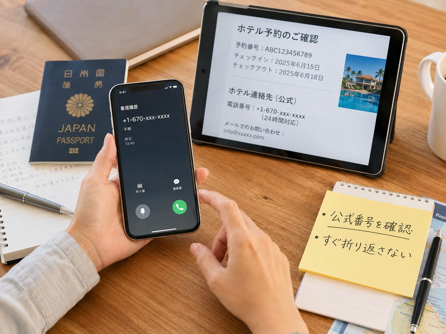 スマートフォンに+1-670から始まる着信があり、公式サイトの電話番号と照合しているイメージ。無料写真素材で、スマホ、着信履歴、旅行予約メール、注意メモが自然に写った画像を使用する