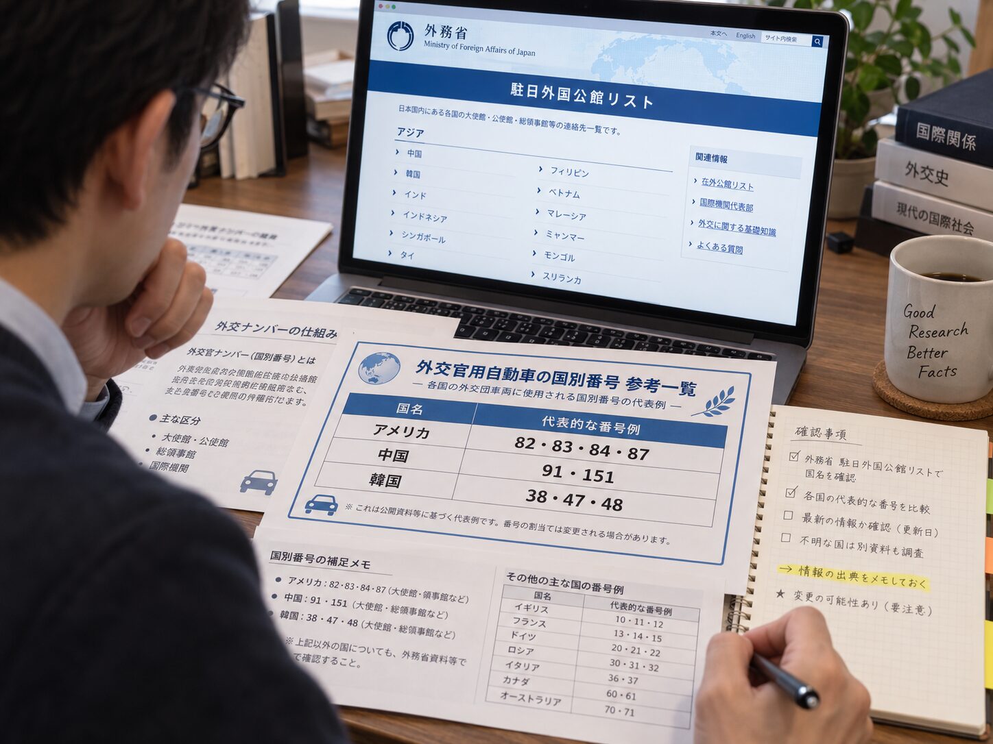 ノートパソコンで外務省の駐日外国公館リストと複数の外交官ナンバー国別番号資料を照合している人物の写真