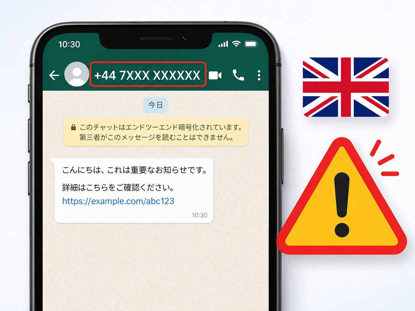 スマートフォンのWhatsApp画面に+44から始まる番号が表示され、イギリスの国旗と注意マークを並べたイメージ