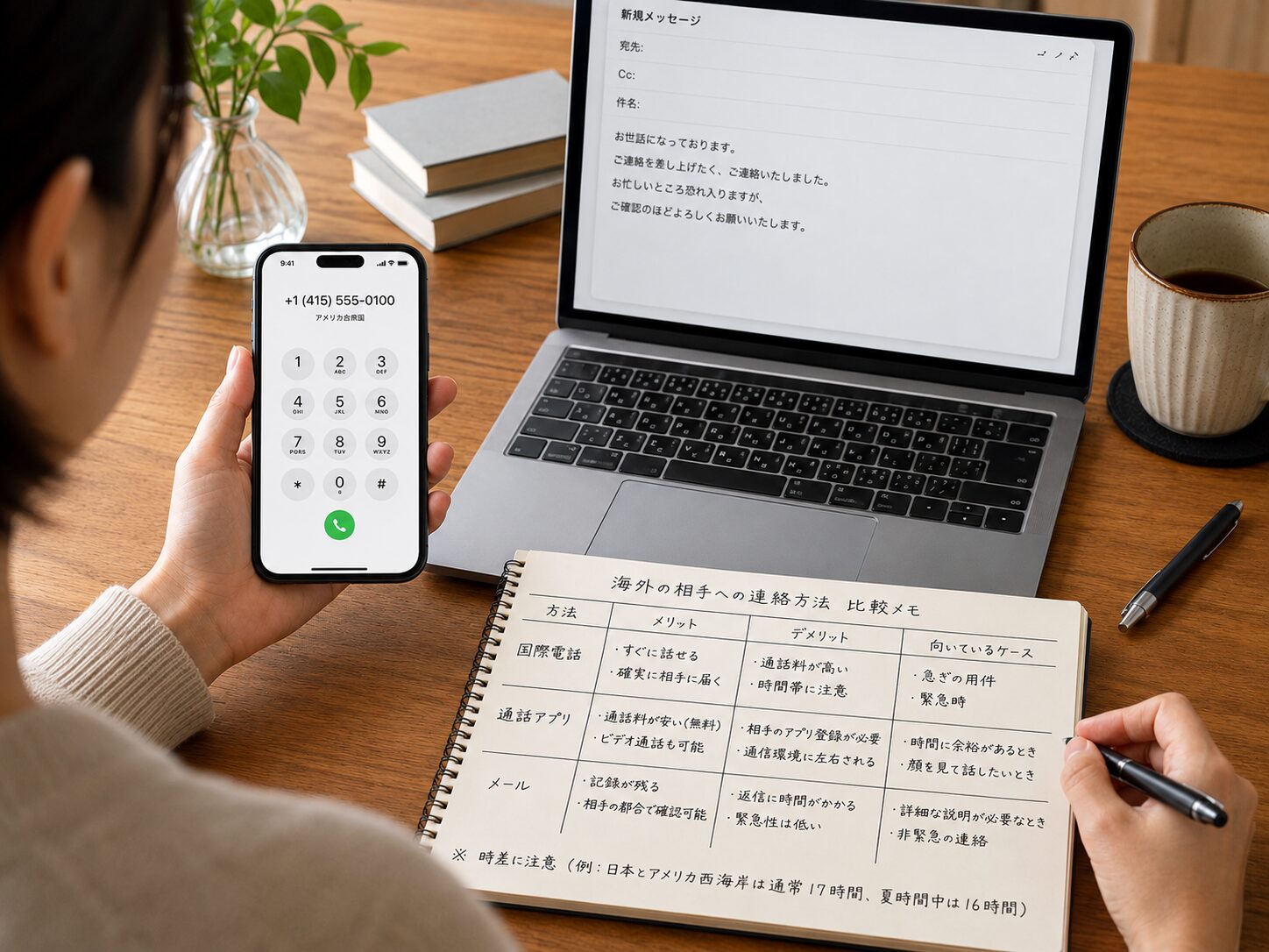 国際電話と通話アプリとメールを比較しながら連絡方法を選んでいる写真