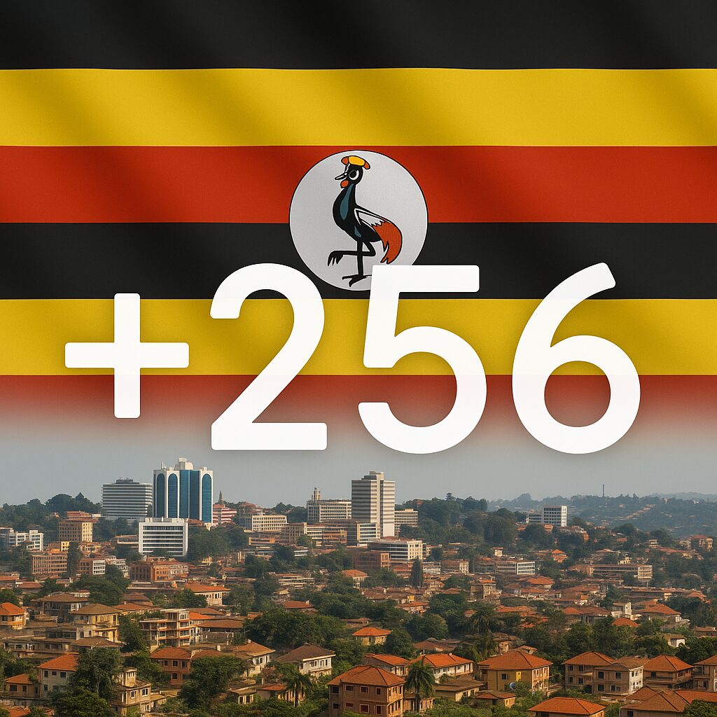 ウガンダの街並みや国旗を背景にした国番号のイメージ画像。無料素材サイトで入手できる写真。