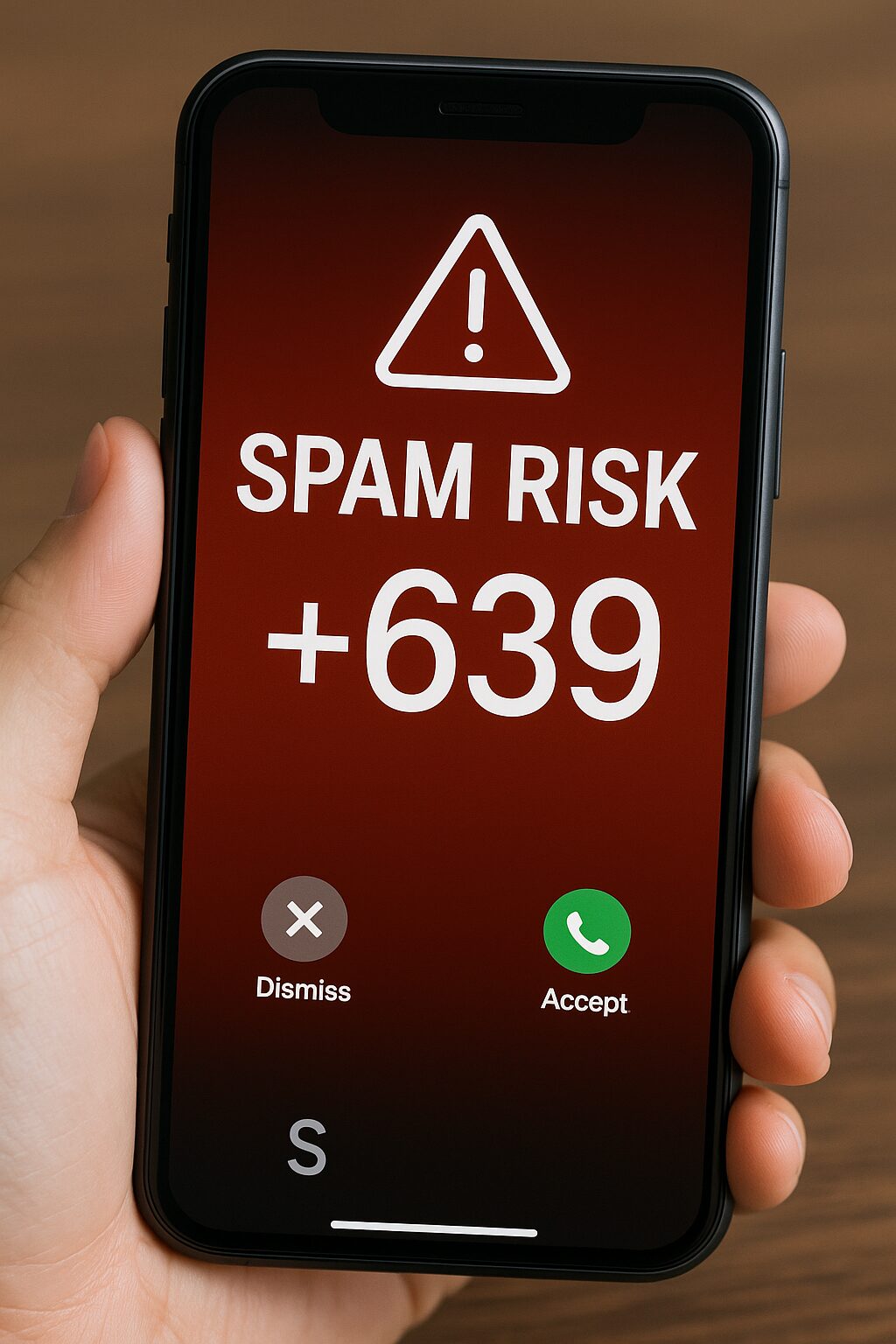 スマートフォンに+639のスパム着信が表示されている警告イメージ