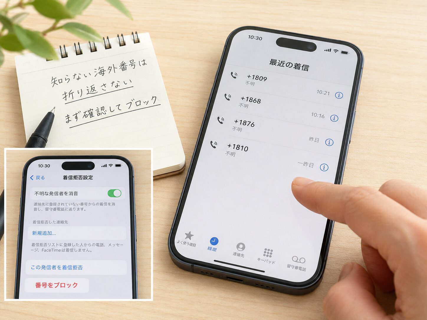 知らない海外番号を折り返さず着信拒否設定を確認しているスマートフォンの写真