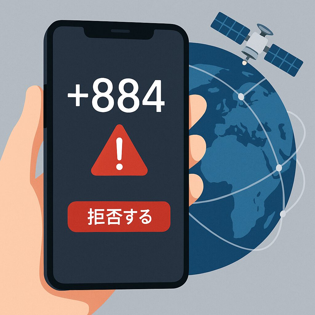 スマートフォン画面に+884からの着信と赤い警告マークが表示されているイラスト。高額請求詐欺の注意喚起を示す。